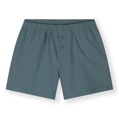 Gray Label organic cotton jersey shorts made from GOTS-certified cotton, shown in blue grey colour