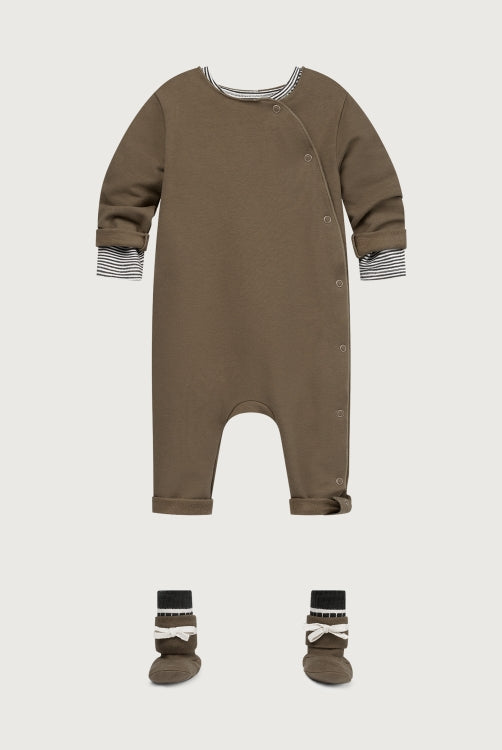 Styled cotton fleece baby suit in woody by Gray Label