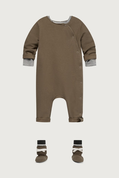 Styled cotton fleece baby suit in woody by Gray Label