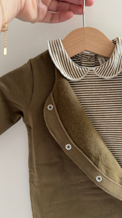 Gray Label organic cotton babysuit layered in woody