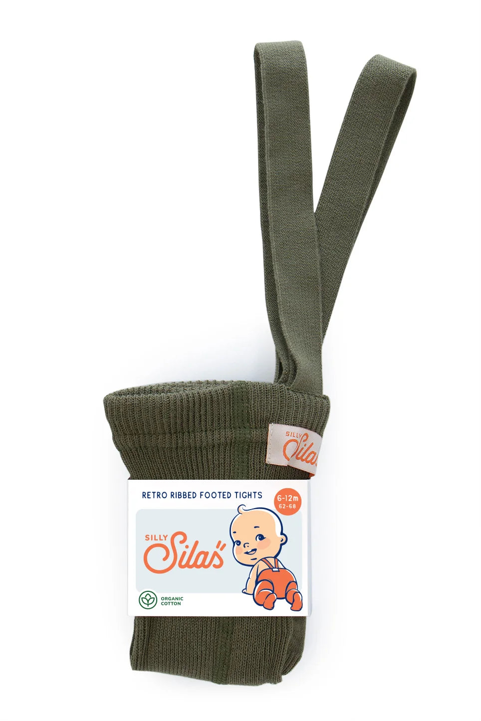 Silly Silas footed tights with braces in Olive made from GOTS-certified organic cotton