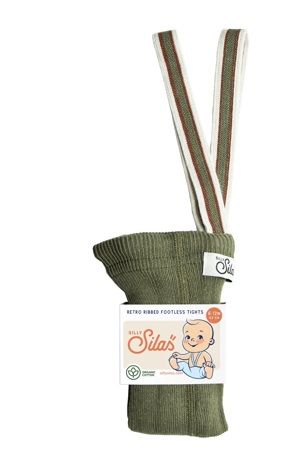 Silly Silas footless tights with braces in Olive Stripe made from GOTS-certified organic cotton