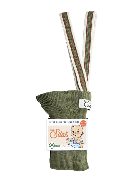 Silly Silas footless tights with braces in Olive Stripe made from GOTS-certified organic cotton